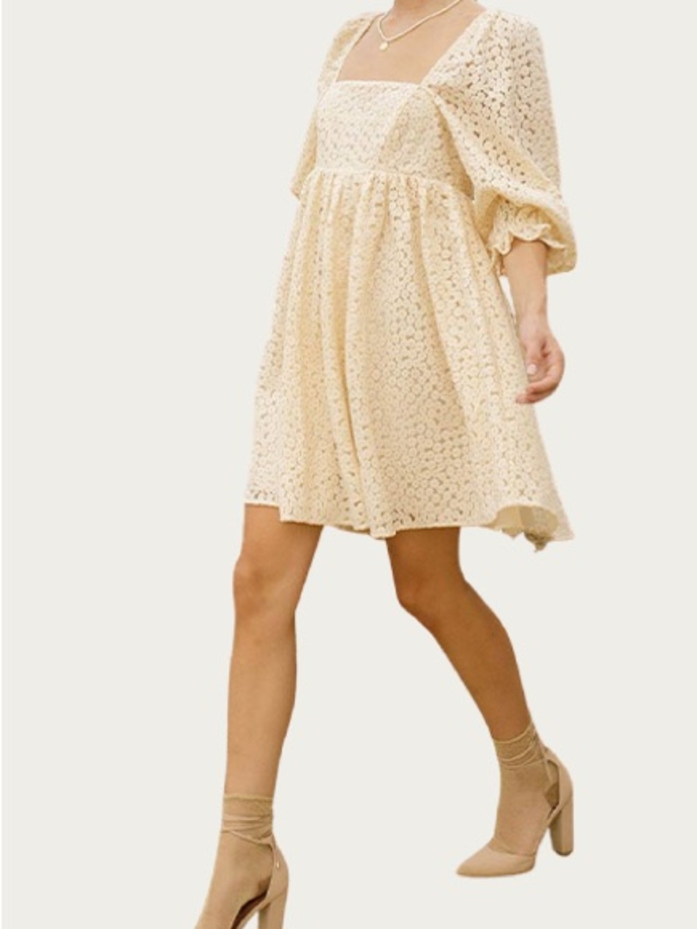 Storia Cream Lace Puff Sleeve Square Neck Mini Dress | XL